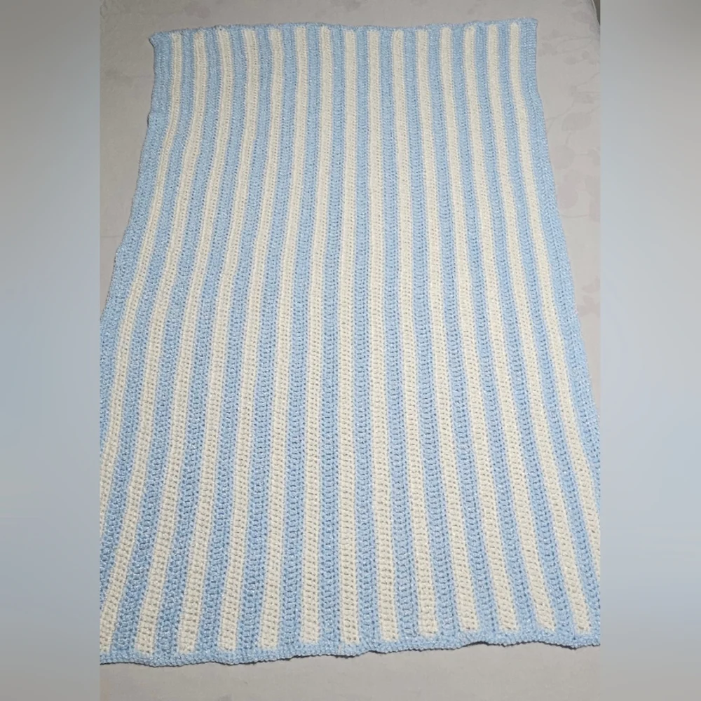 *New* Crochet  blue white stripe afghan baby throw blanket  approx. 34